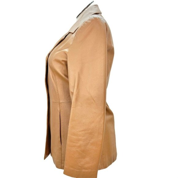 Womens Tan Leather Blazer Jacket M Button Long Sleeve Pockets Jessica Holbrook - Picture 4 of 8
